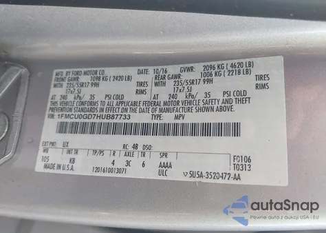 2017 Ford Escape Se из США, поврежденный, VIN 1FMCU0GD7HUB87733